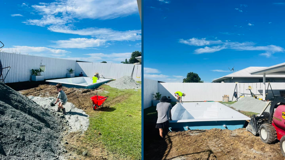 Two combined images of unfinished fibreglass pool installation, taken and installed by Pool Professionals Mackay