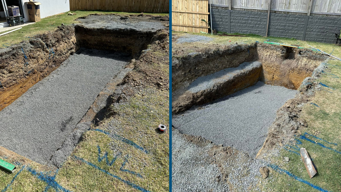 Two combined images of pool bedding after an excavation, taken and done by Pool Professionals Mackay