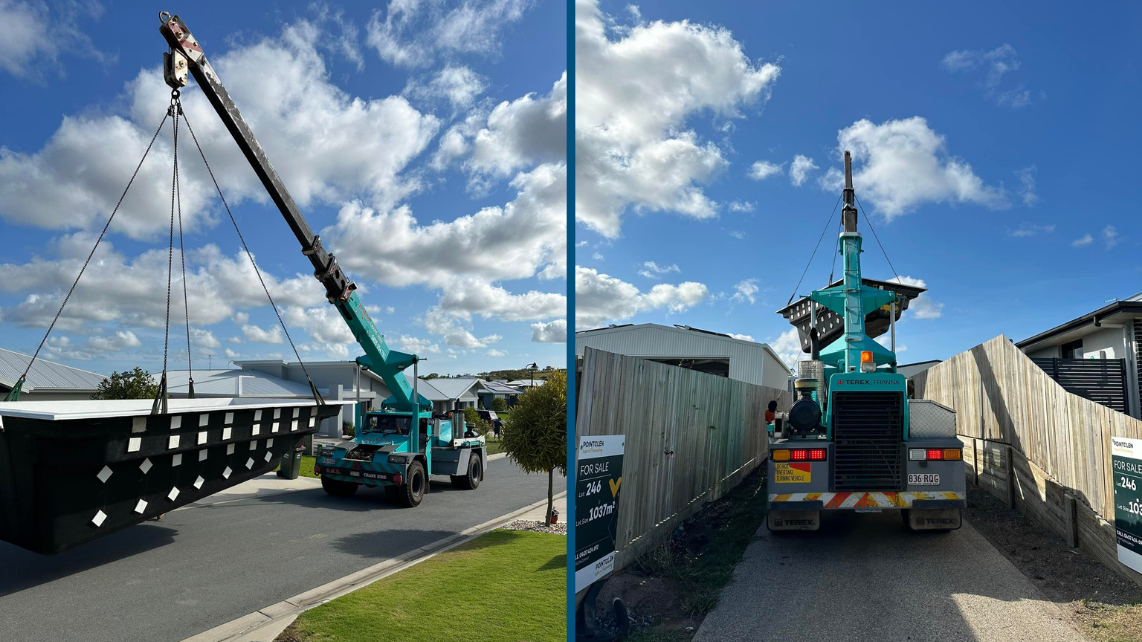 Two combined images of a mobile crane lifting a fibreglass pool shell to deliver on site for installation, taken and done by Pool Professionals Mackay