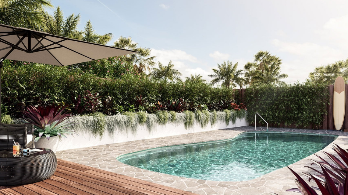 An image of a fibreglass pool with proper landscaping, The Harvest of Harvest Pools