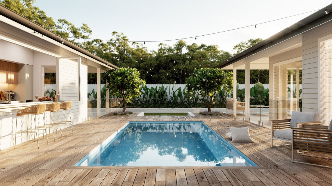 An image of a fibreglass pool with proper landscaping, The Retreat of Harvest Pools