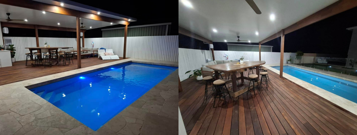 A fibreglass pool with landscaping and outdoor lights, taken and installed by Pool Professionals Mackay