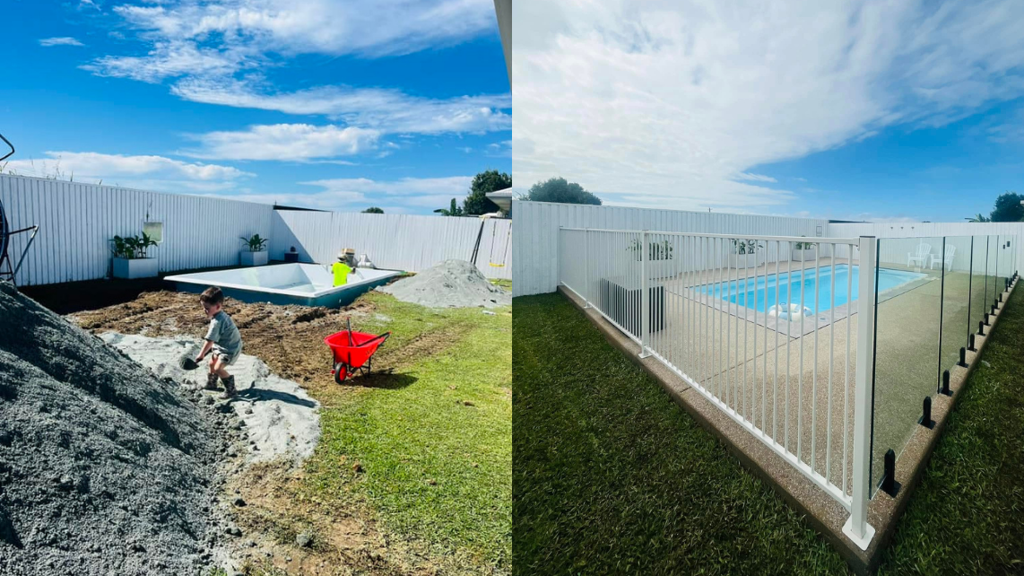 Before and after picture of fibreglass installation with proper pool fencing, taken and installed by Pool Professionals Mackay