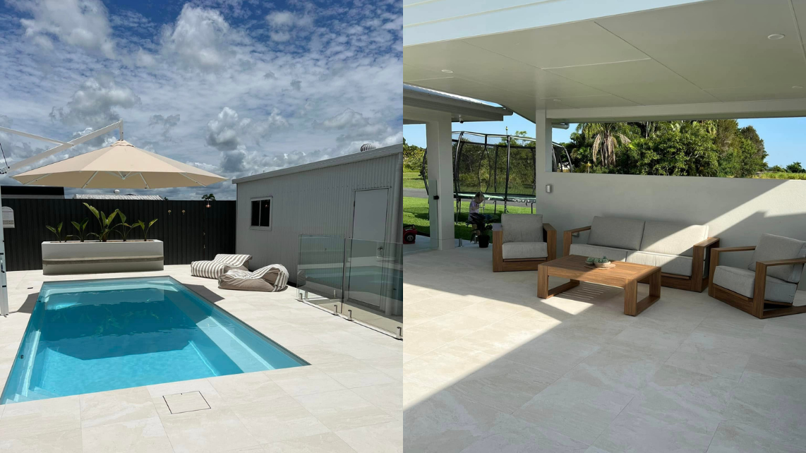 A fibreglass pool with pergola and cosy lounging, taken and installed by Pool Professionals Mackay