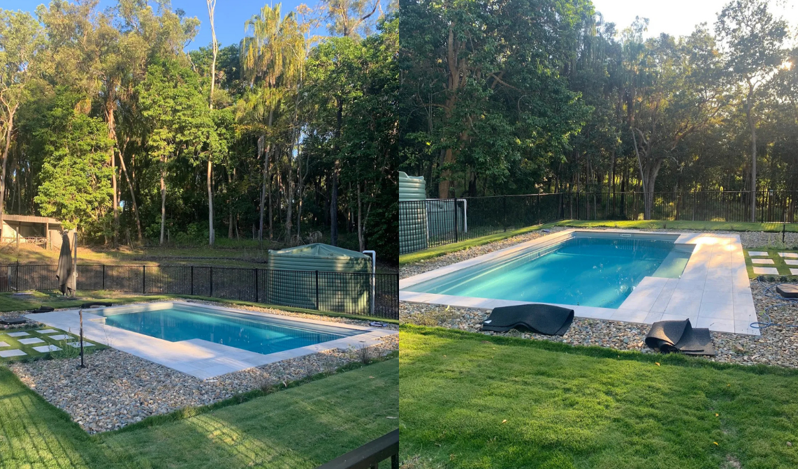 Two combined images of installed fibreglass pool, taken and installed by Pool Professionals Mackay