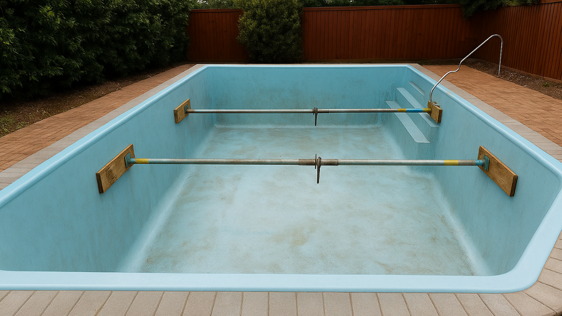 An AI generated image of a drained pool with bracing to avoid collapsing of pool walls