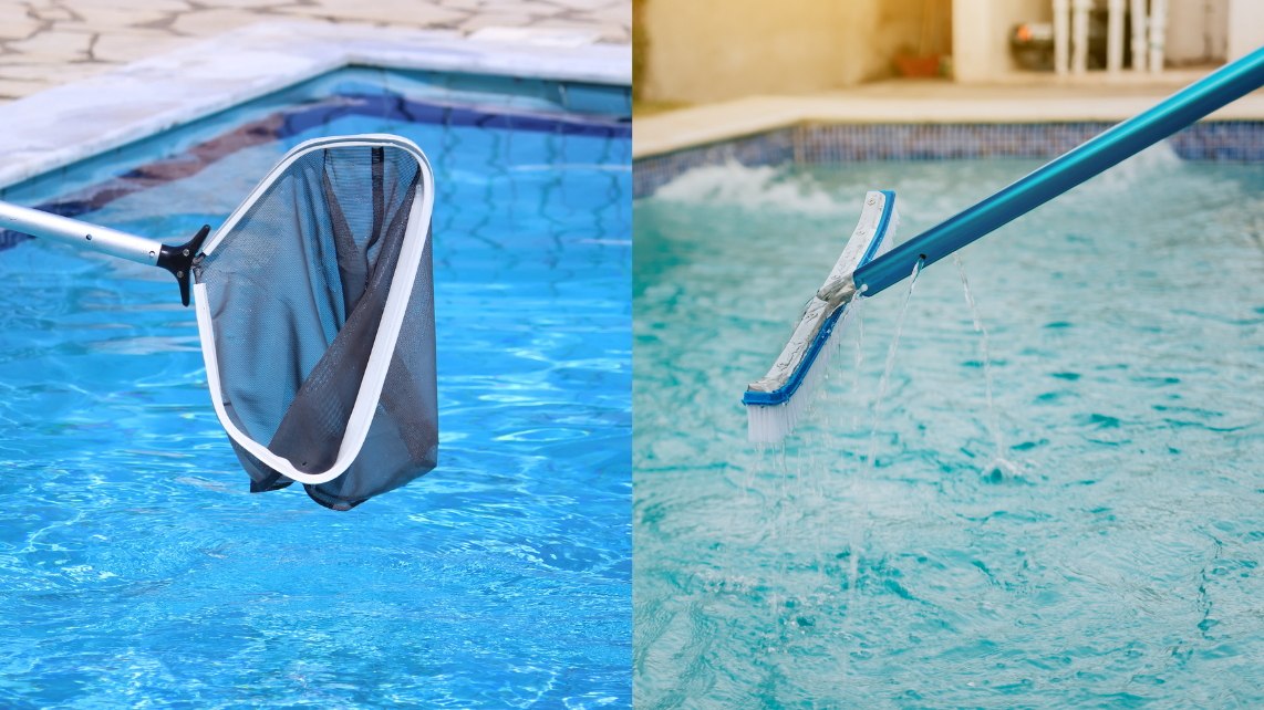 An image showing a skimming net on the left and a pool brush on the right