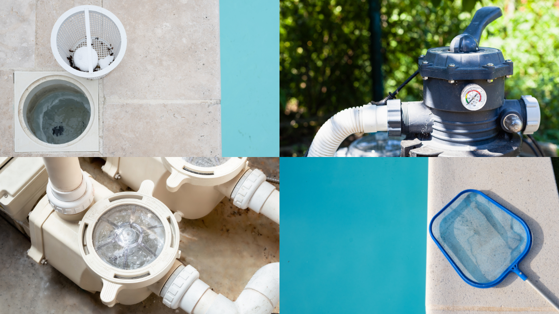 Images of four different pool equipment: skimmer basket on top left, pool filter on top right, pool pump on bottom left, skimming net on bottom right