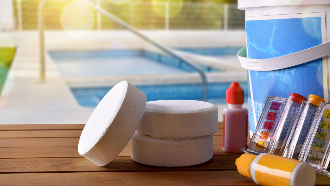 An image of different pool chemicals to balance water chemistry