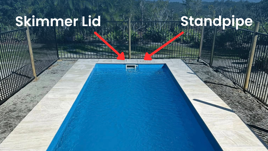 An image pointing where standpipe is located, differentiating its location to the skimmer lid