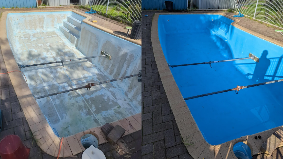 Before-and-after photo of a fibreglass pool resurfaced after 20 years of algae buildup