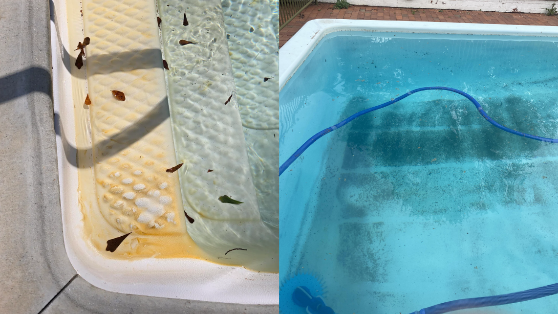 Organic (left) and inorganic (right) fibreglass pool stain