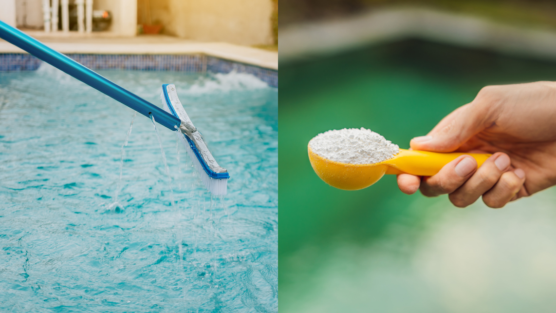 An image of fibreglass pool brush (left) and chlorine (right) for pool shock as ways to remove organic stains