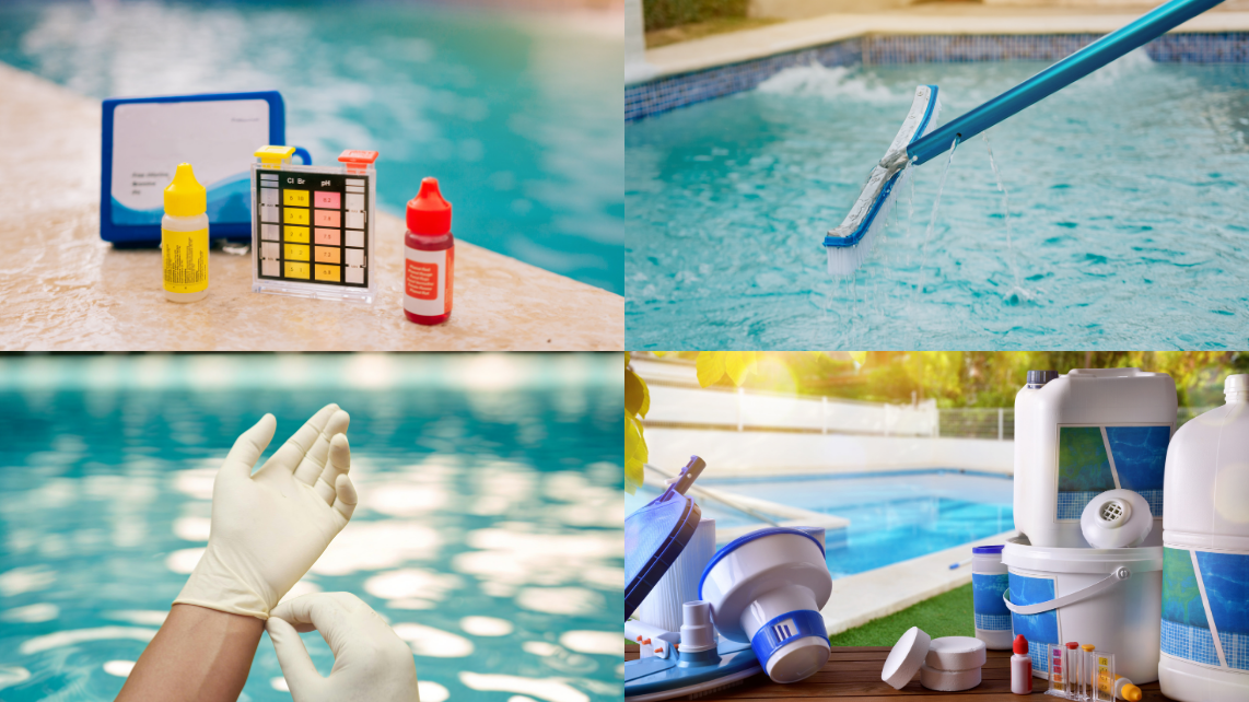 Tools need for balancing fibreglass pool water: test kits, cleaning tools, safety gears, pool chemicals with dosing tools, and simple log book