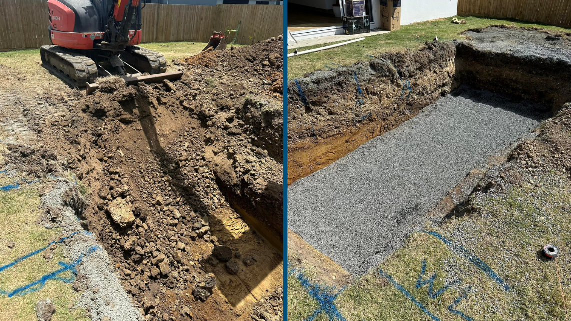 An image of excavated soil (left) and its hole with compacted base (right), taken and done by Pool Professionals Mackay