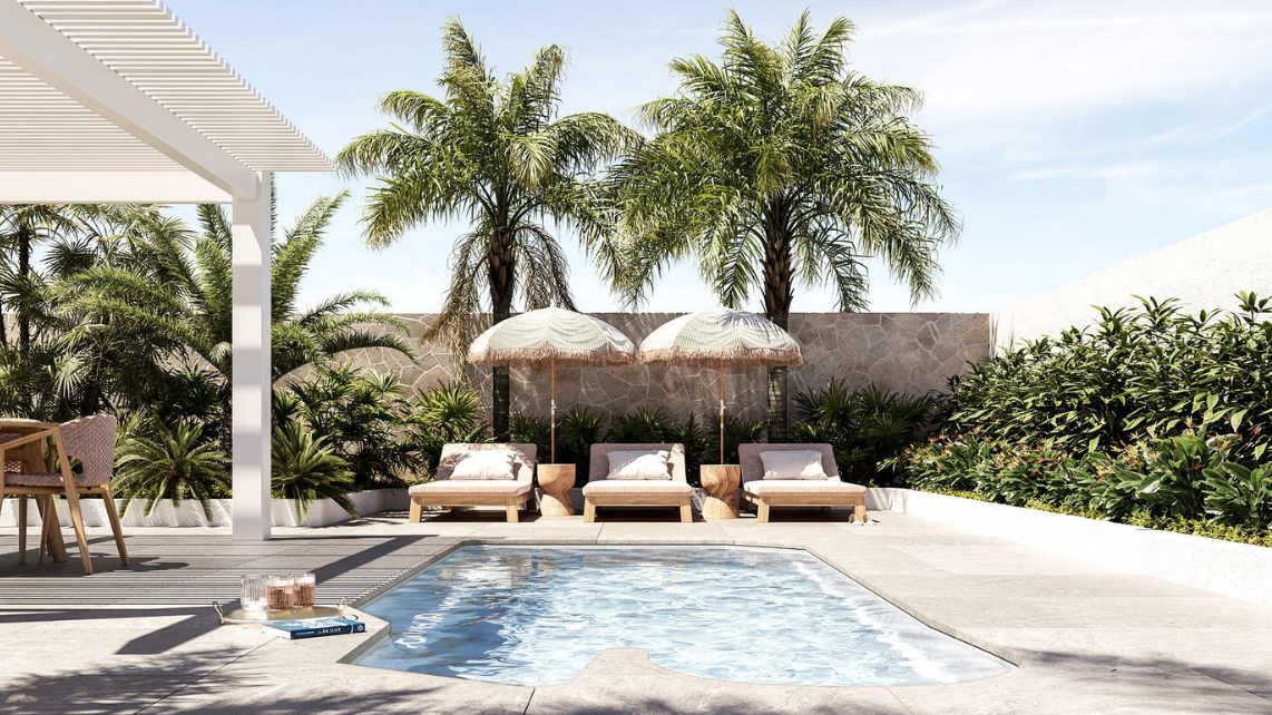 An image of a fibreglass pool, specifically The Swim Spa by Harvest Pools 