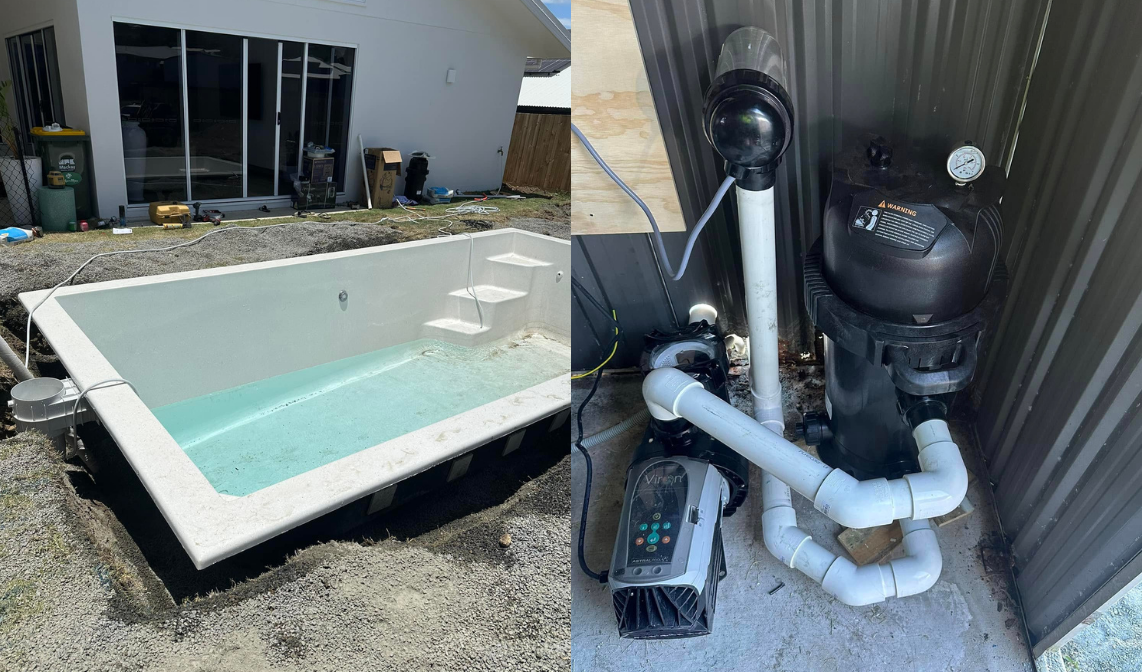 Installed fibreglass pool beside equipment area with pump, filter, chlorinator, and pipework in backyard.